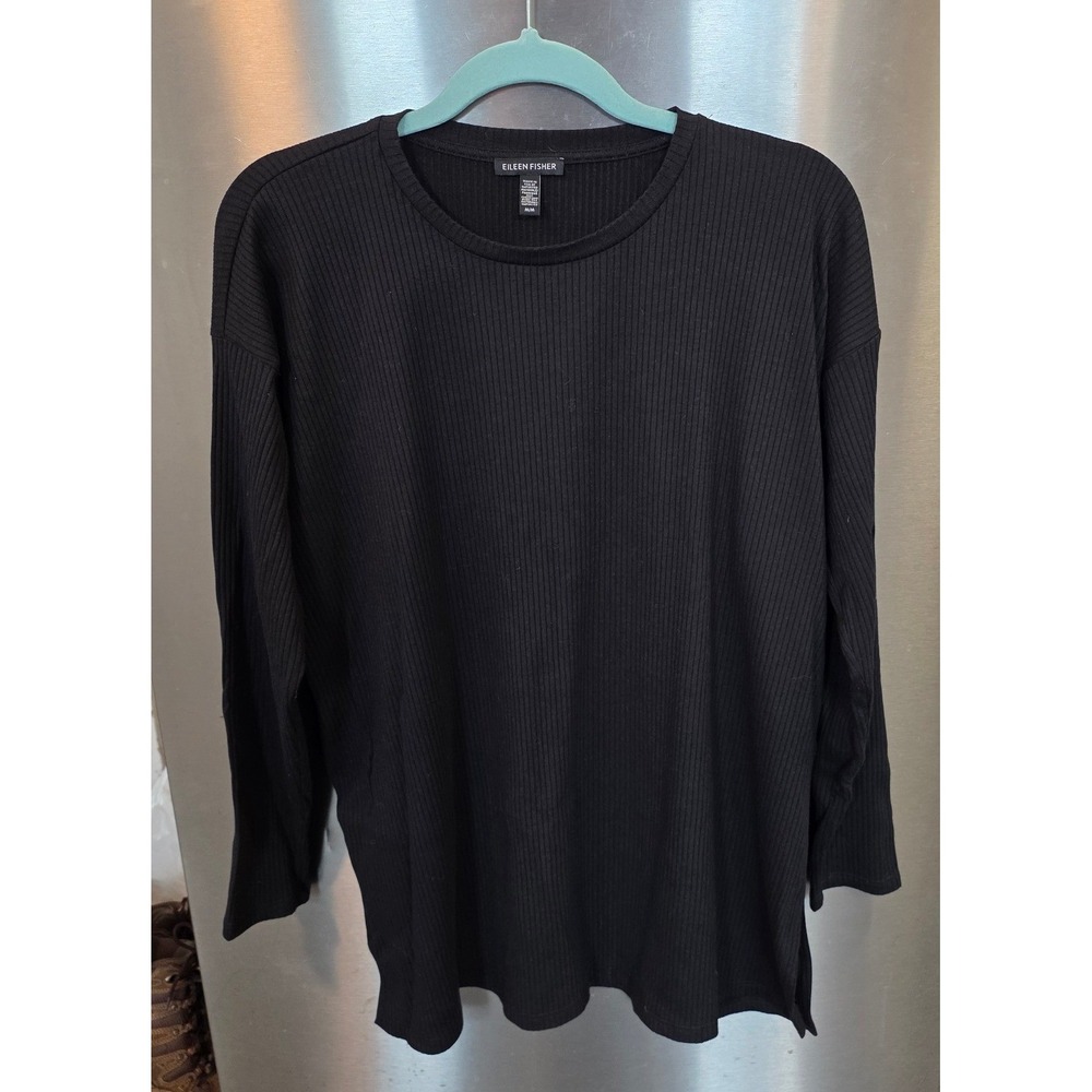 Eileen Fisher Womens M Top Black Ribbed Tencel Organic Cotton Long Sleeve Slit